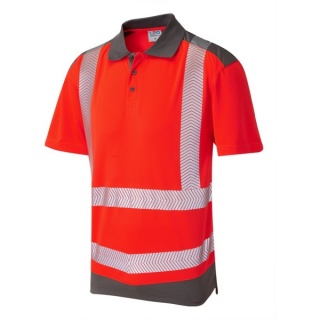 Leo Workwear P14-R/GY Peppercombe ISO 20471 Class 2 Dual Colour EcoViz Coolviz Plus Polo Shirt Red / Grey